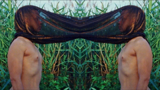 A man faces a mirror image of himself - the two men are joined by a brown sheet material