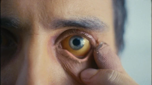 Aidan opens his eyes wide, revealing severe yellow jaundice in his eye.