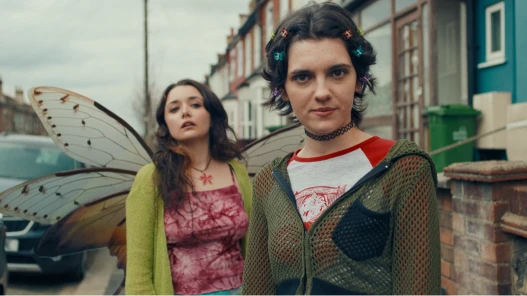 Stood on a street are two sisters, one is looking into the camera and the other is looking away and has giant moth wings. They are dressed in 2000s fashion.