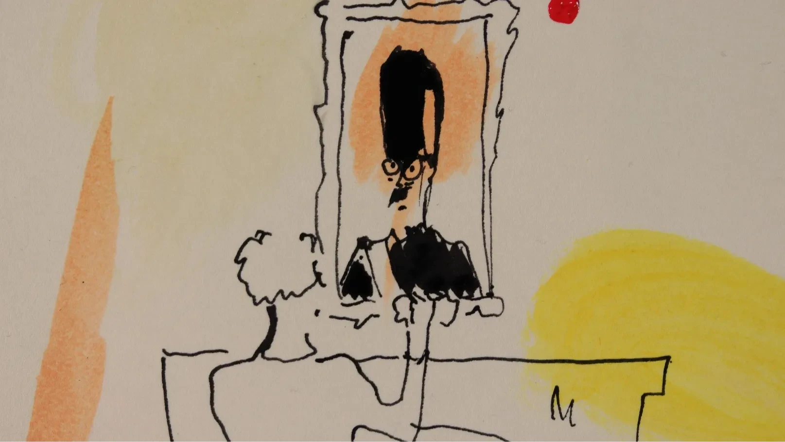Drawn imge. One of the daughter's of the late colonel is dusting the frame of her father's portrait, which hangs above the fireplace mantel.