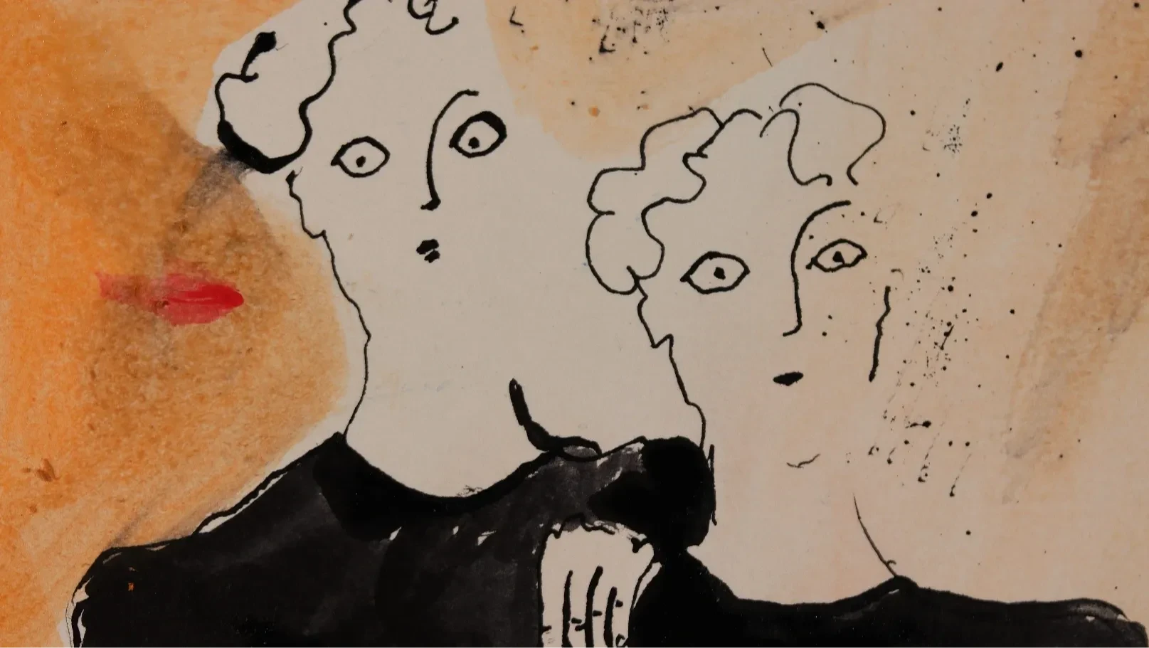 Drawn image. A close up of the head and shoulders of the two daughters of the late colonel. The taller sister has her hand on her sister's shoulder.