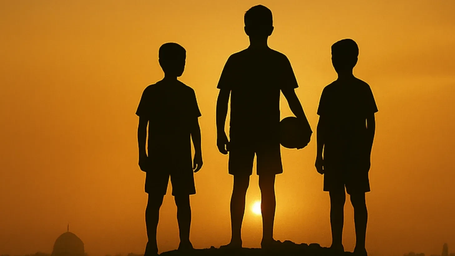 Three young boys holding a football against a Jerusalem sunset.