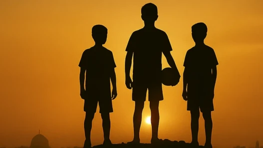 Three young boys holding a football against a Jerusalem sunset.