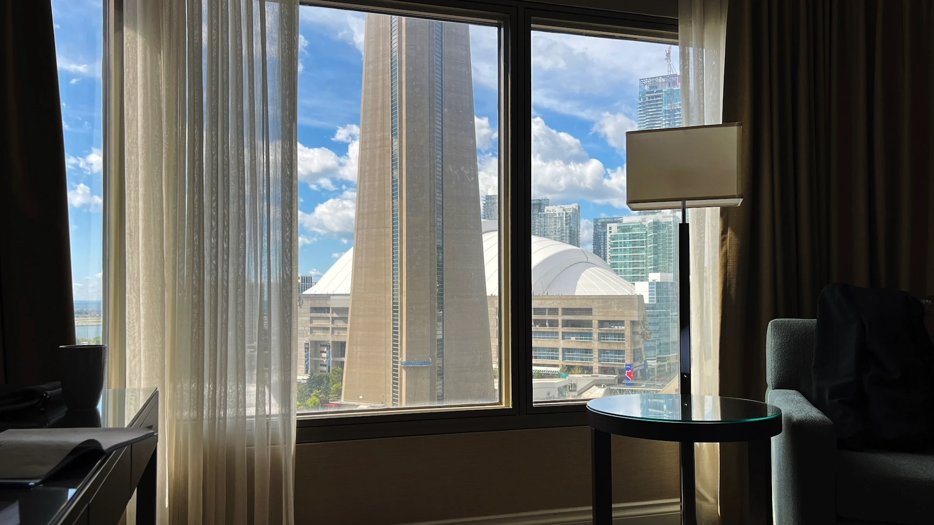 The CN Tower viewed from a hotel window
