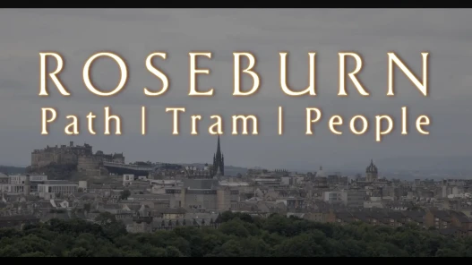 Over a background image of Edinburgh Castle the words Roseburn, path, tram and people are displayed