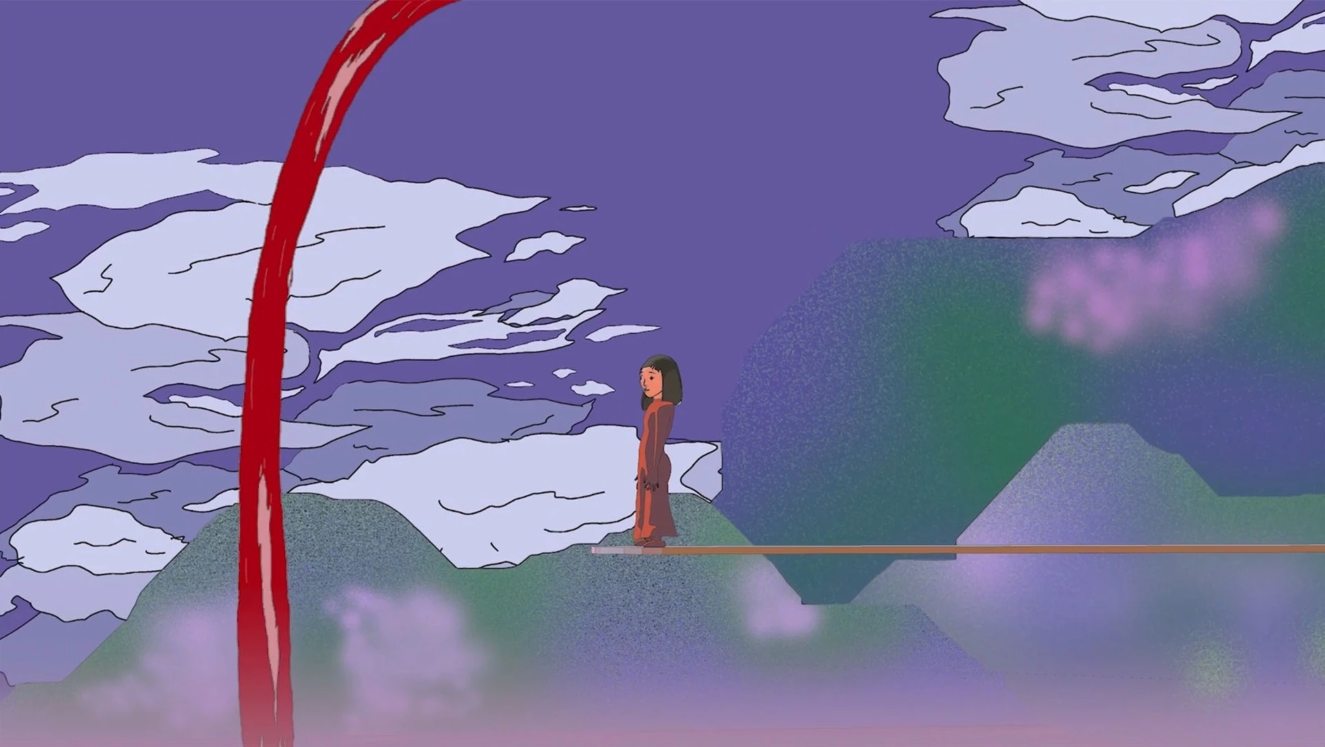 girl in red overalls standing on a diving board with a blood stream in front of her, calm background, mountains and clouds in green and purple spots gradients. 2D and 3D, animation film