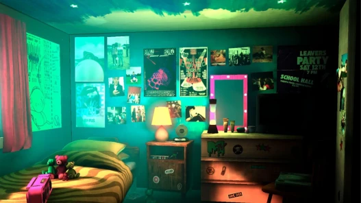 A teenage bedroom with many posters on the wall, a pic morrow and a lava lamp