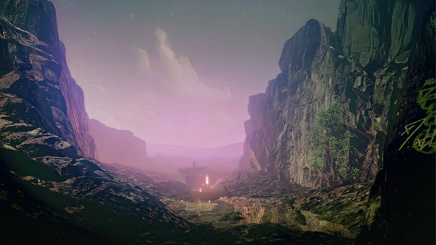 A slate quarry with a small shed in the distance, there is a purple haze in the air, it is night time.