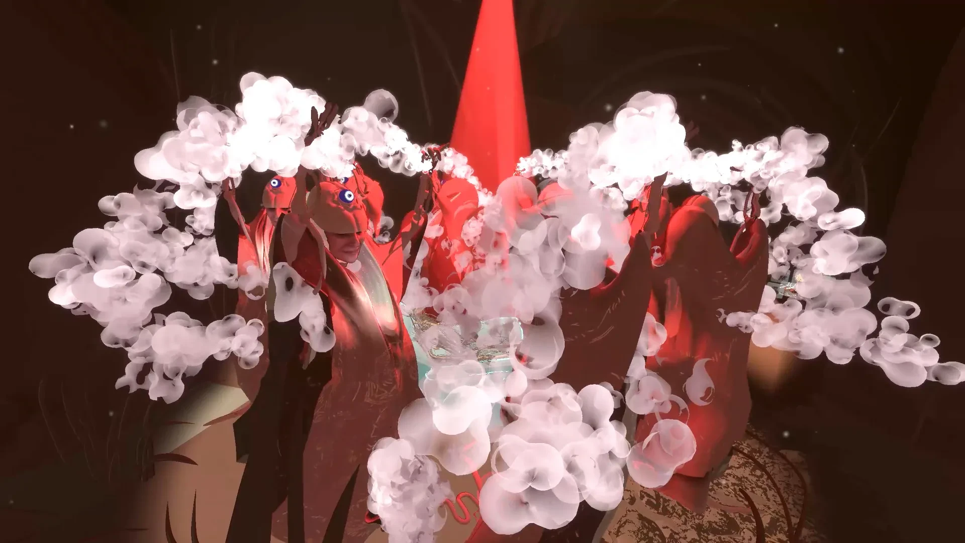 Eight women twirl around a reclining figure, palms trailing incense smoke in a red-lit, pastel haze.