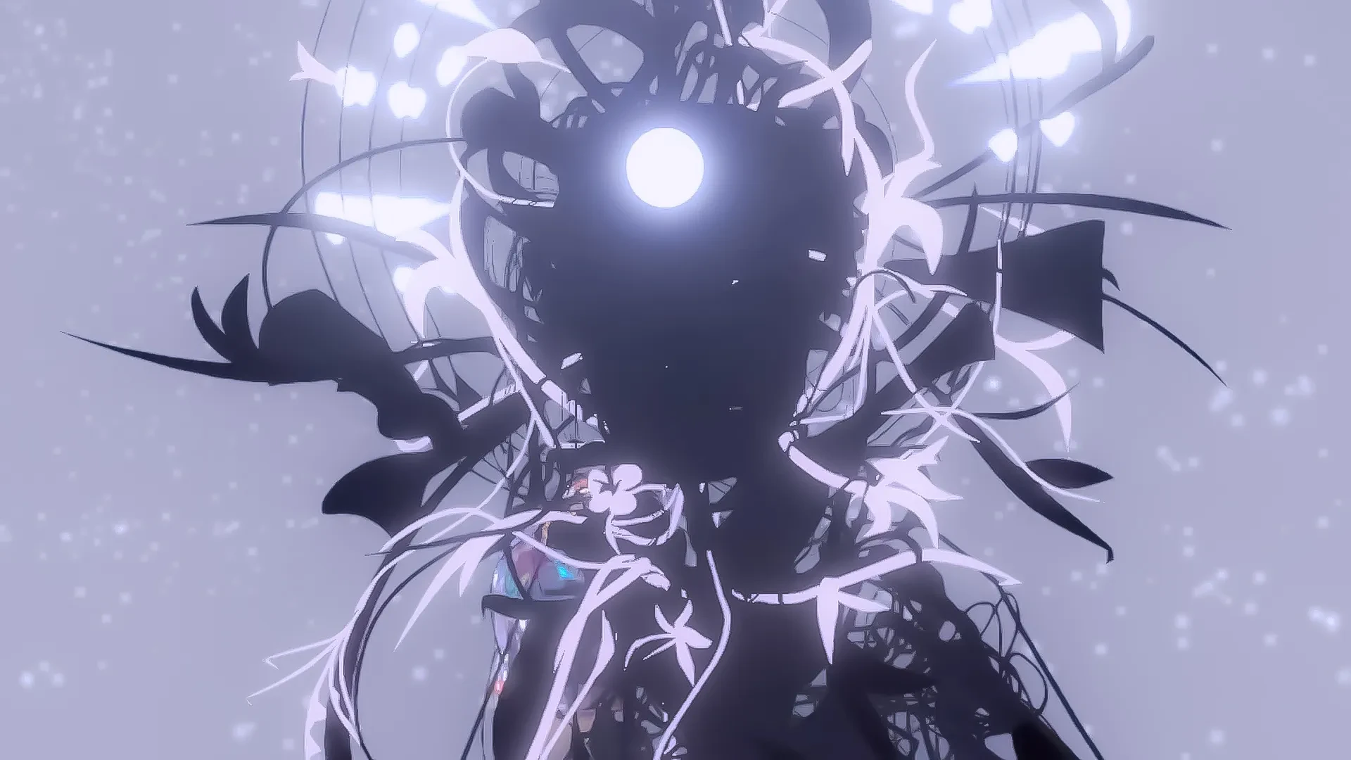 A woman's silhouette faces the viewer directly, a glowing sphere at her forehead, set in a grey liminal space.