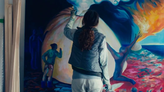A woman paints on a large canvas in bright colours
