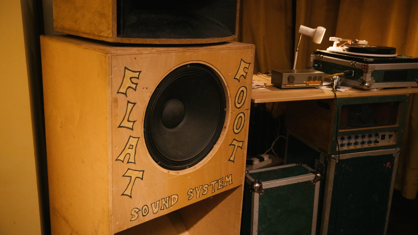 A speaker system labelled Flat Foot Sound System 