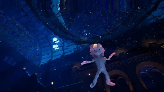 A pale child-like figure floats in a dark, cavernous underwater space beneath a rippling blue-lit ceiling.