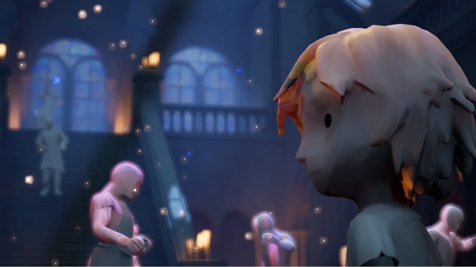 A pale child character looks over their shoulder in a dim, candlelit hall with ghostly translucent figures in the background.