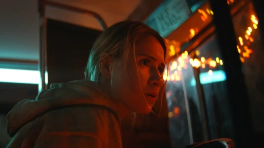 Image depicting Nadya (Maria Balakova) looking pensively out the window of a bus lit by Christmas lights.
