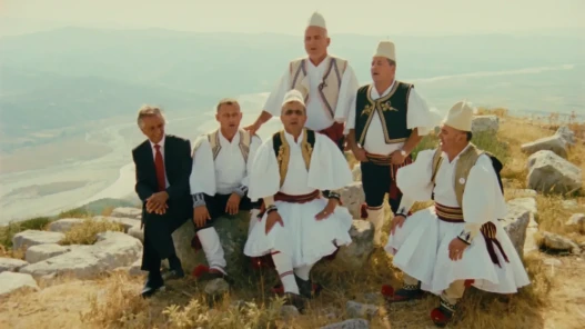 a group of iso-polyphony singers perform high above the Vjosa River delta, southern Albania