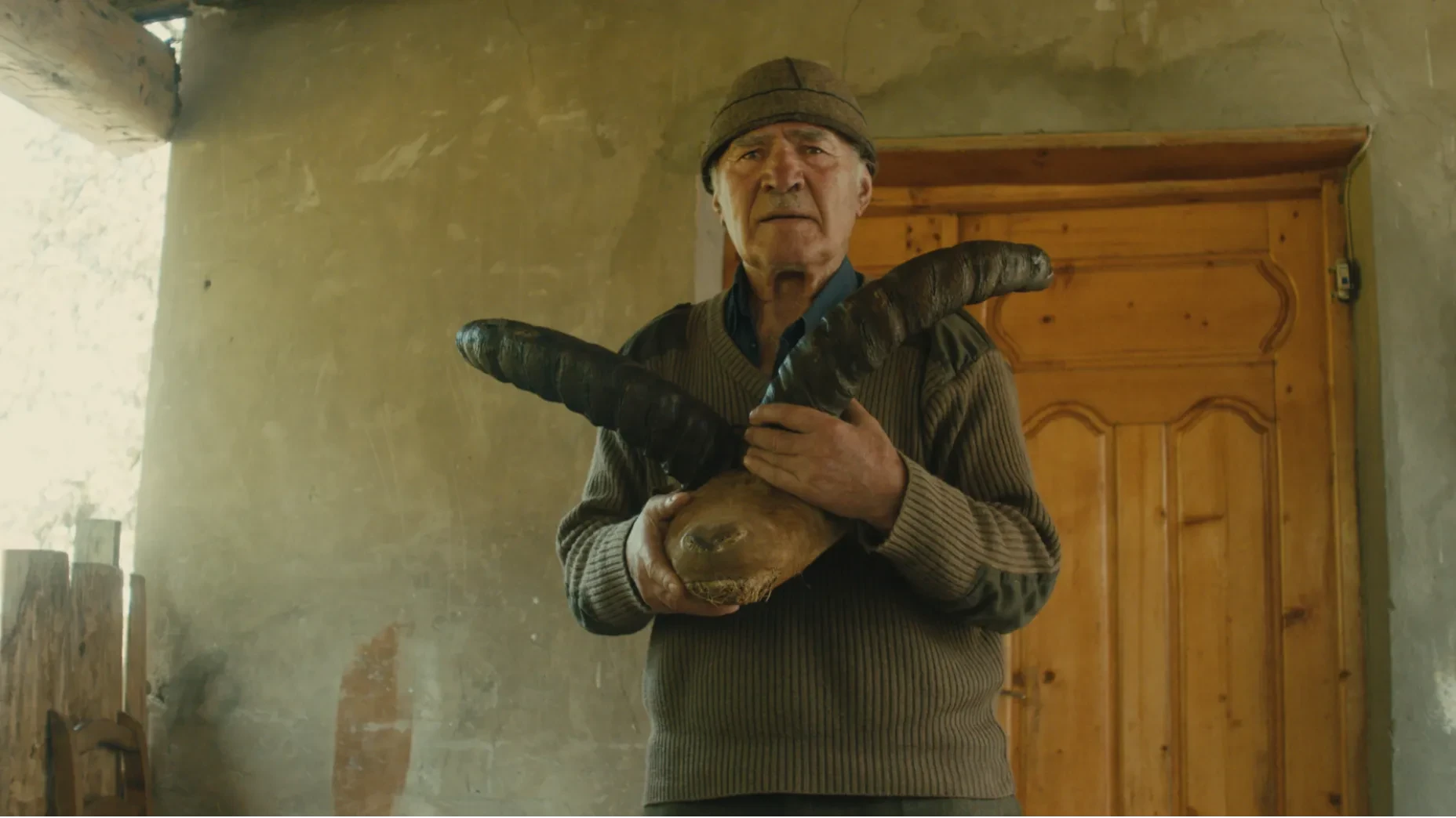 A retired hunter holds the trophy head of a mountain goat