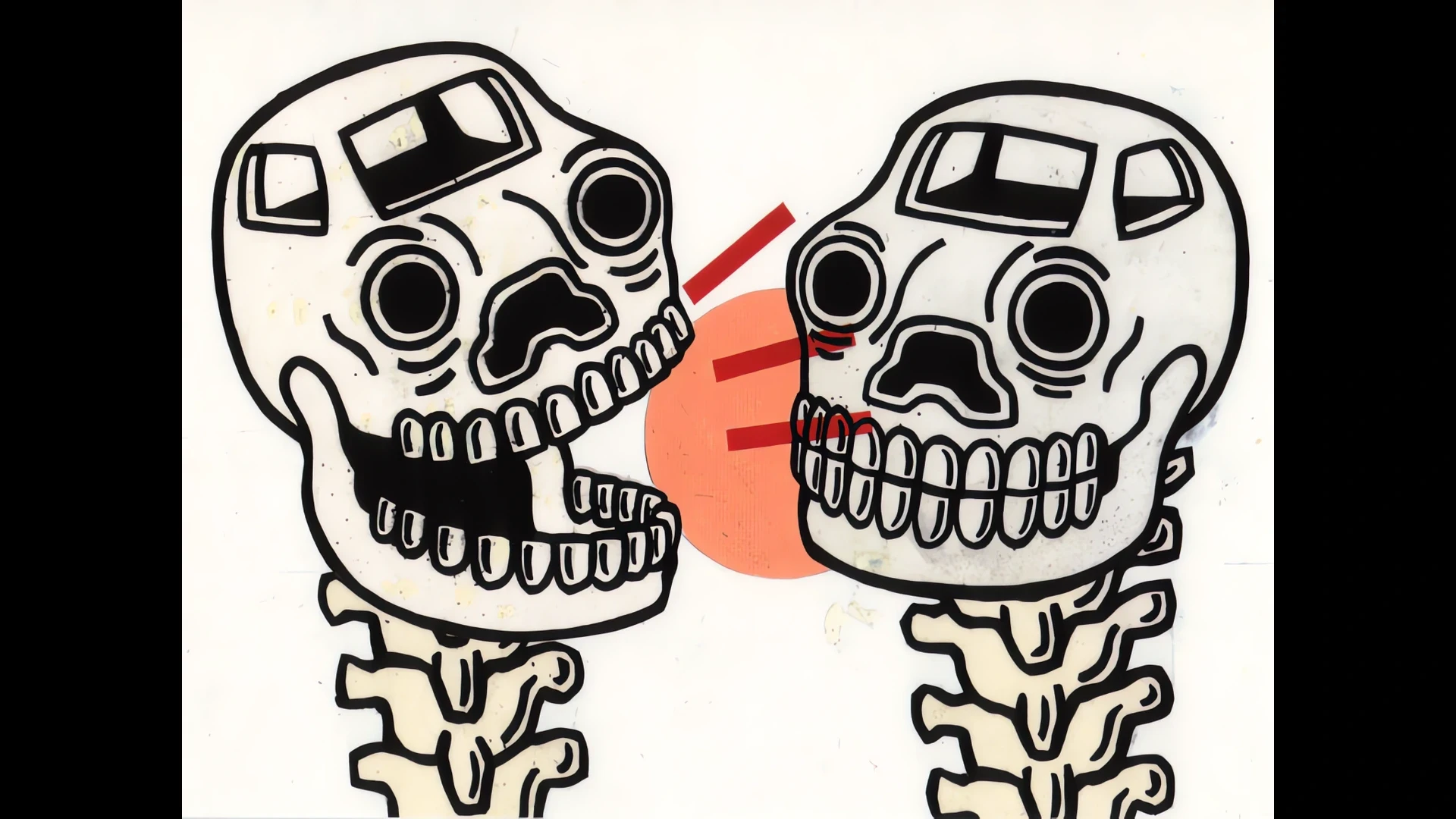 Two cartoon skulls facing each other with red and orange shapes between them