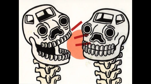 Two cartoon skulls facing each other with red and orange shapes between them