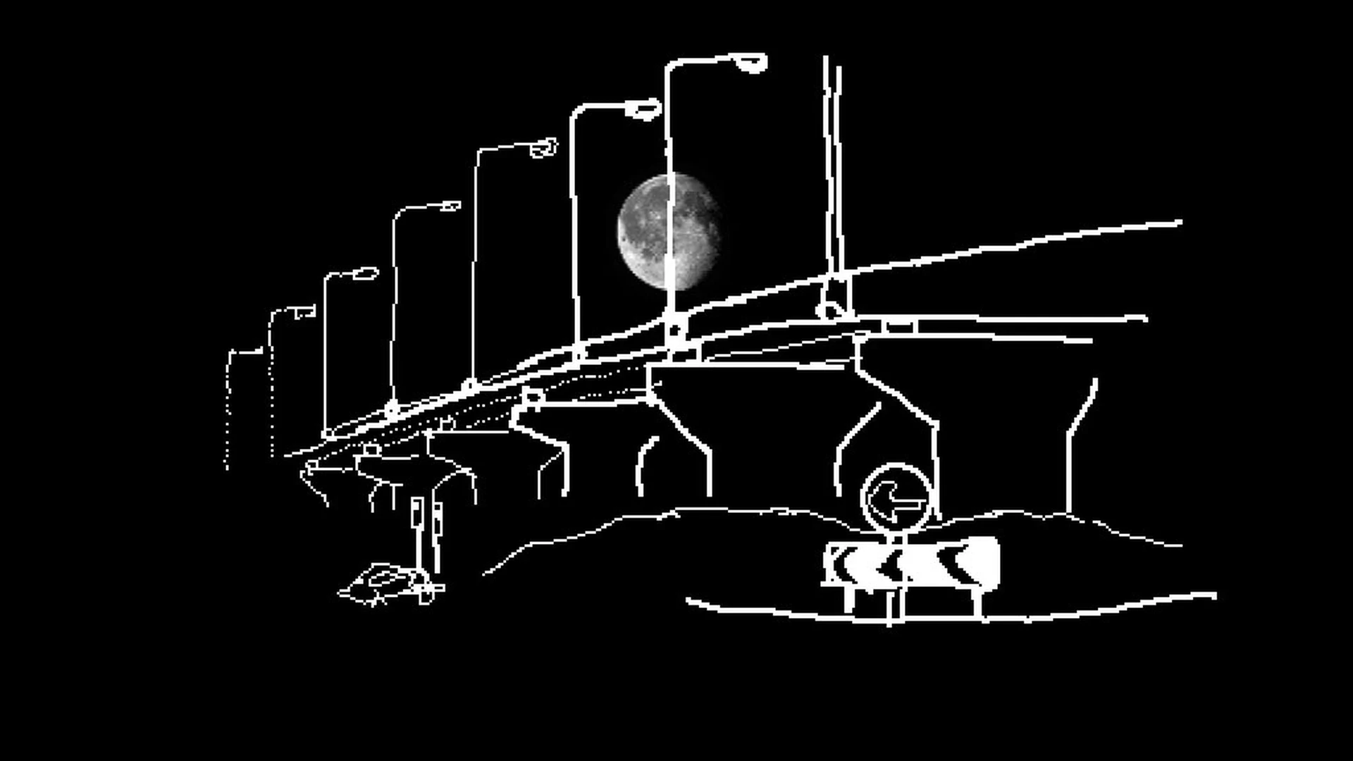 White line drawing of a road bridge and street lamps under a full moon, on black