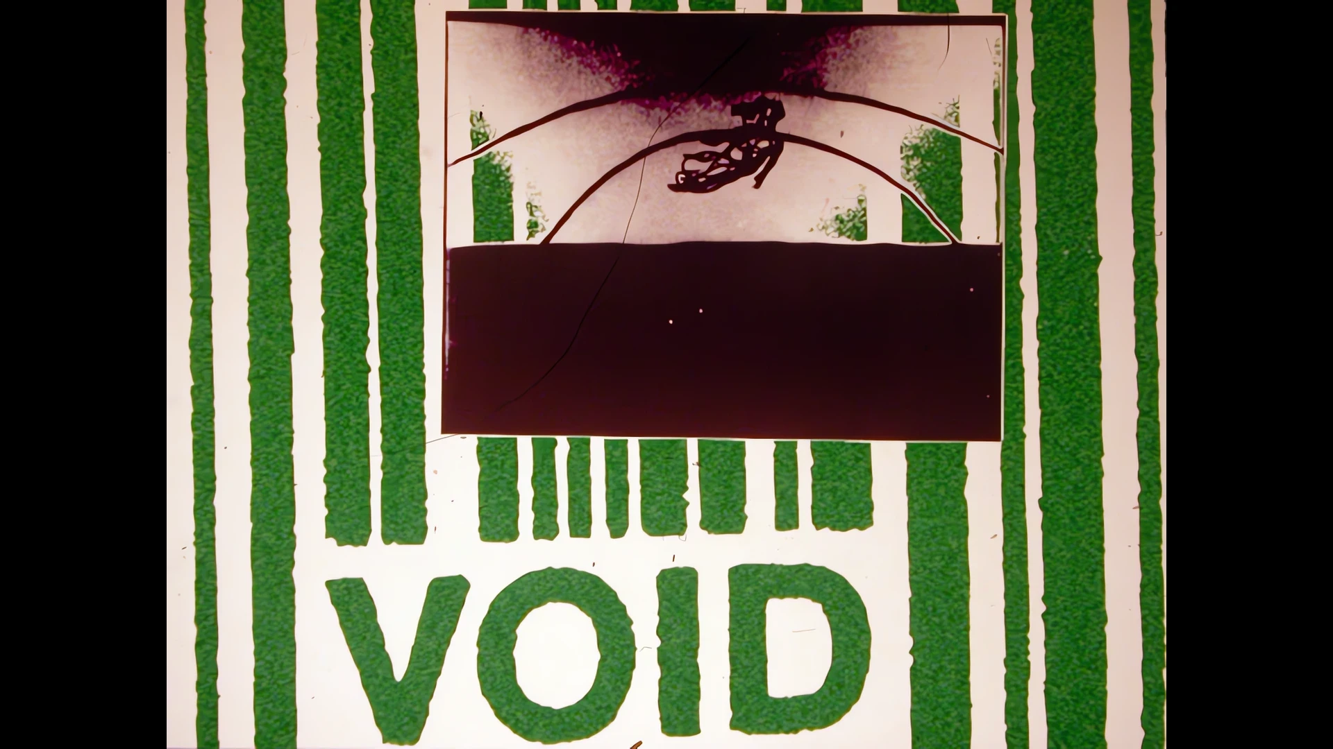 A framed scene above the word VOID on green and white stripes