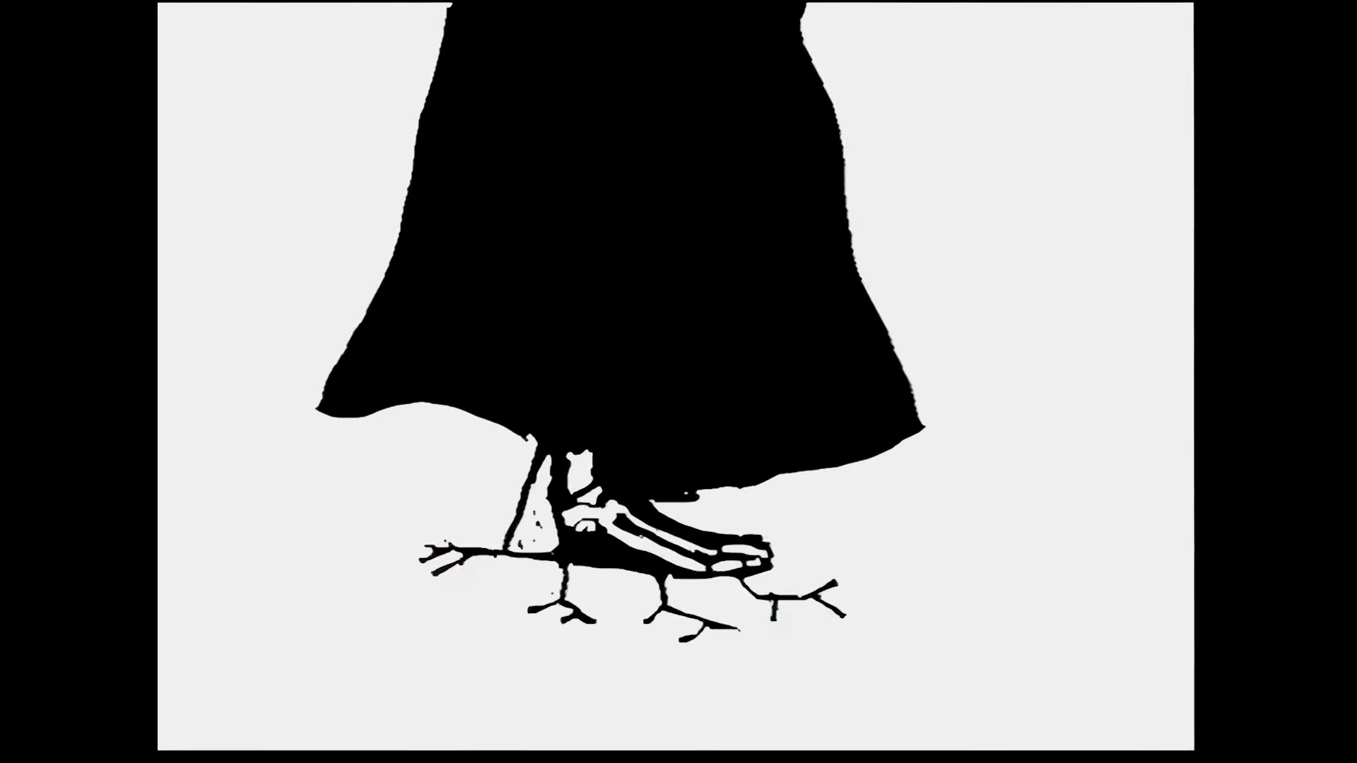 Death as a tall black cloaked figure with bony bird's feet, on white