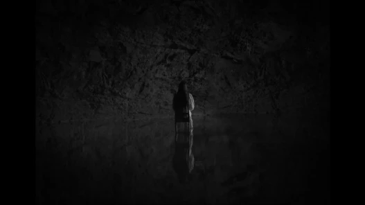 A black white image in a cave of a woman sitting on a chair that seeming floats on dark water