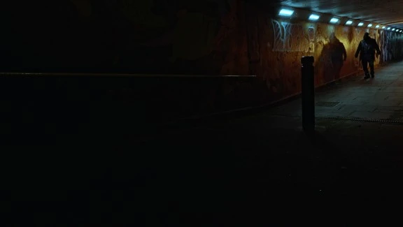 Levi walks through a subway. Shot in Cowgate, Newcastle