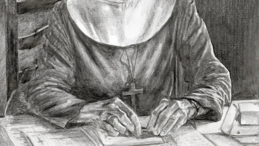 pencil drawing of a nun writing at a table
