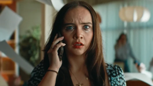 A woman looking distressed is on her mobile phone.