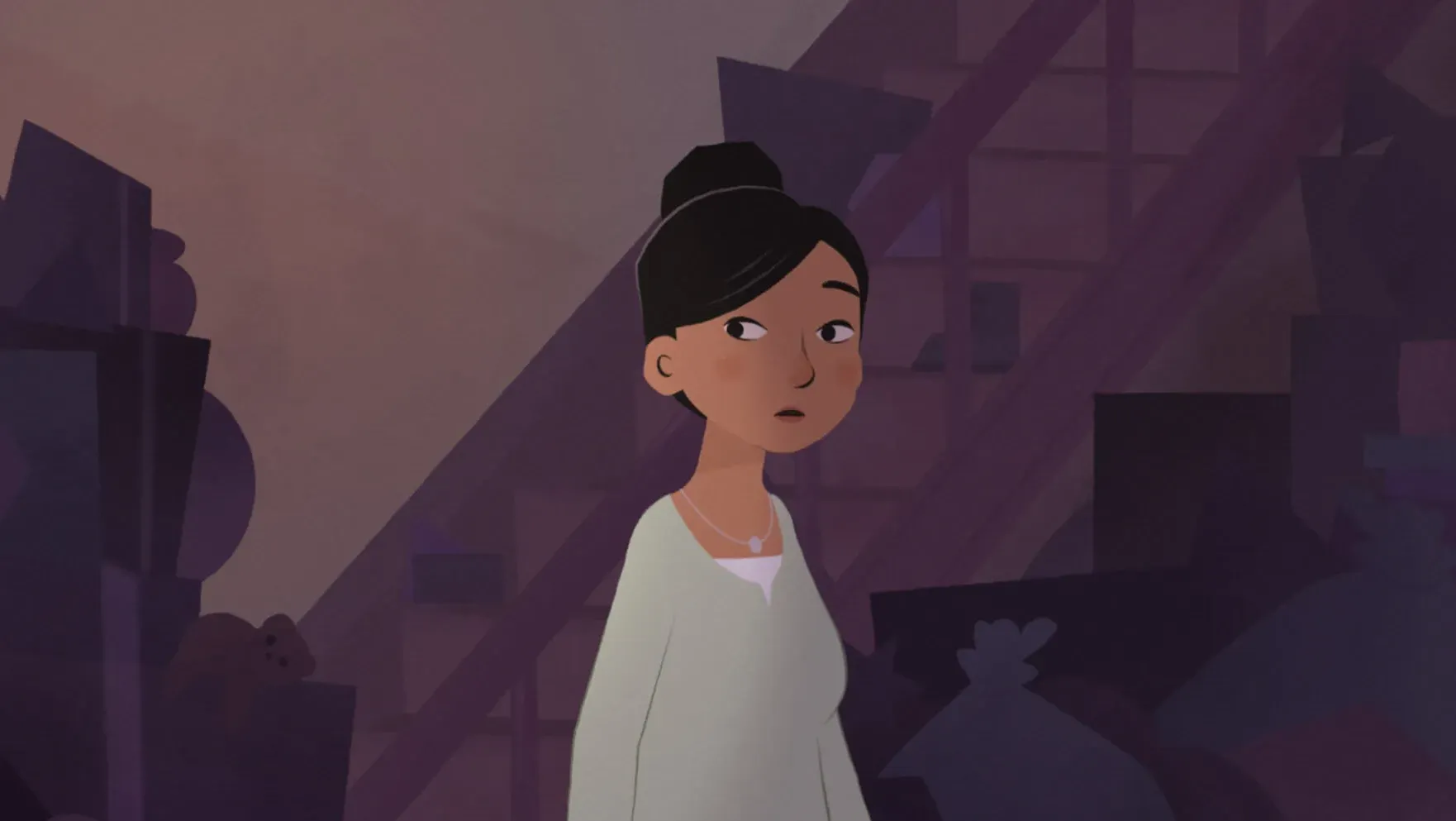 A young woman enters a cluttered hallway