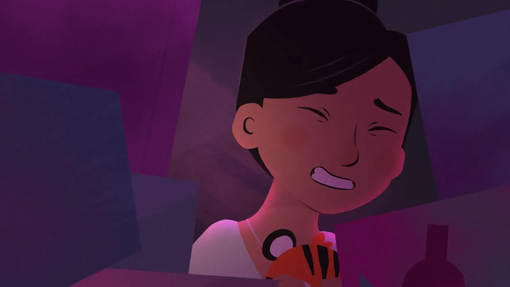 A young woman is stifled by the clutter around her