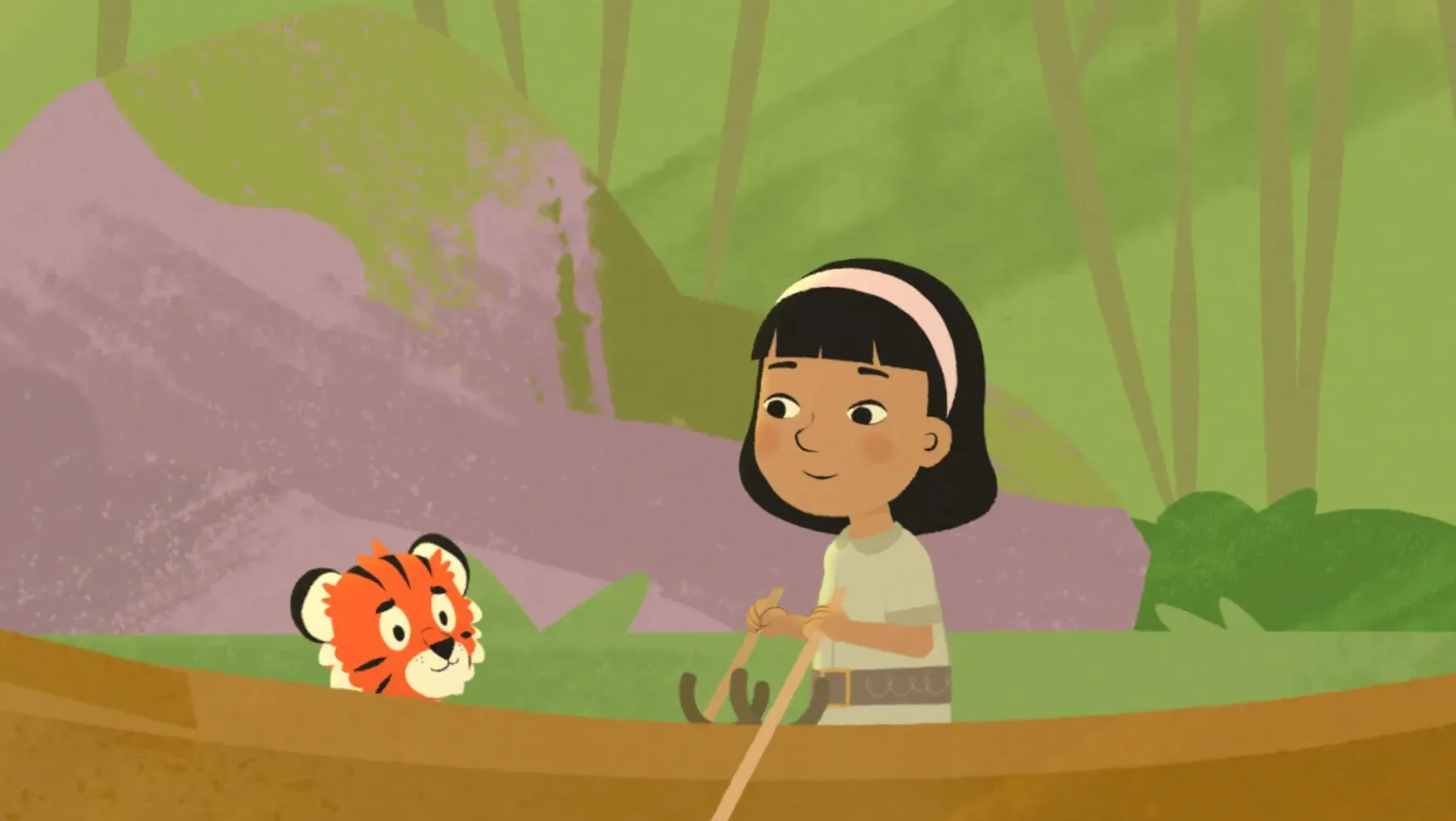 A little girl is in a rowing boat with a tiger