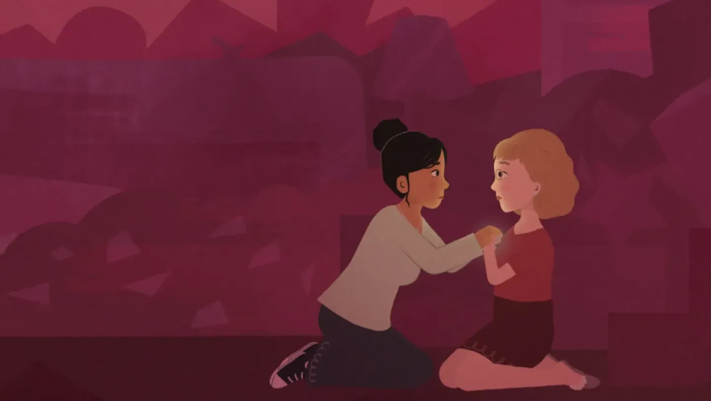 A young woman and her mother grip hands - the background is full of clutter