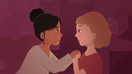 A young woman and her mother grip hands