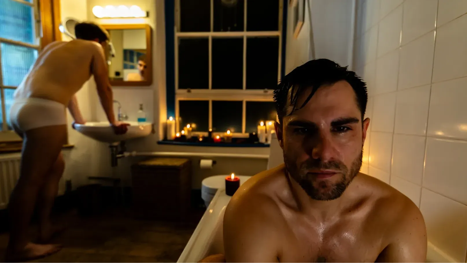 A man is sitting in the bath facing the camera, in the background a man stares at his own reflection in a mirror.