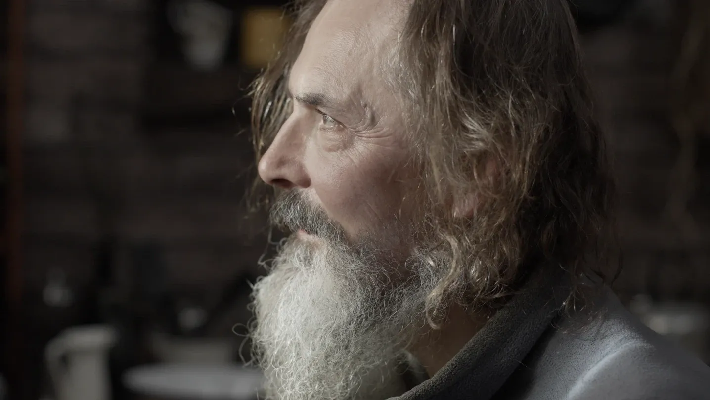 A man is looking through a window