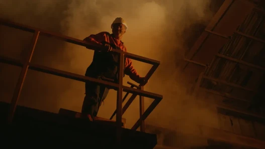 A man standing in a steel factory in a factory uniform, surronded by smoke and orange glowing light