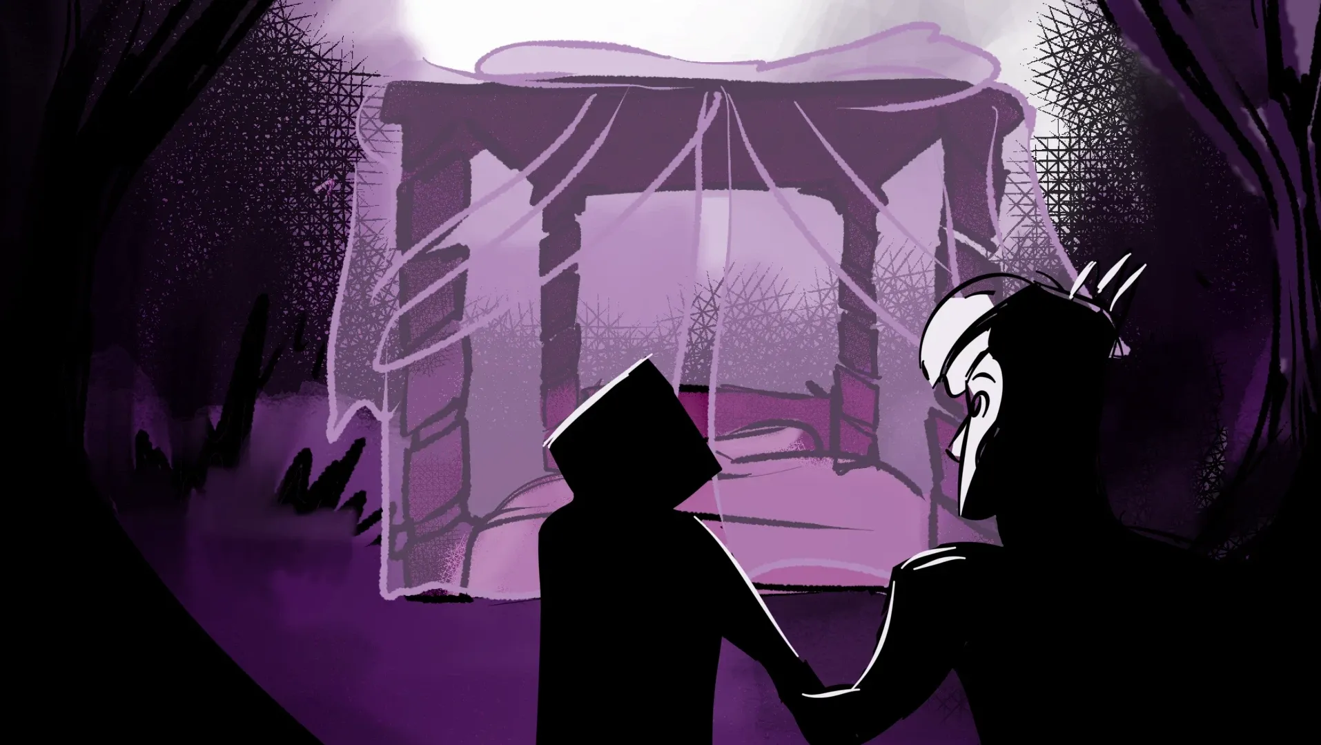 Two men approach a giant bed