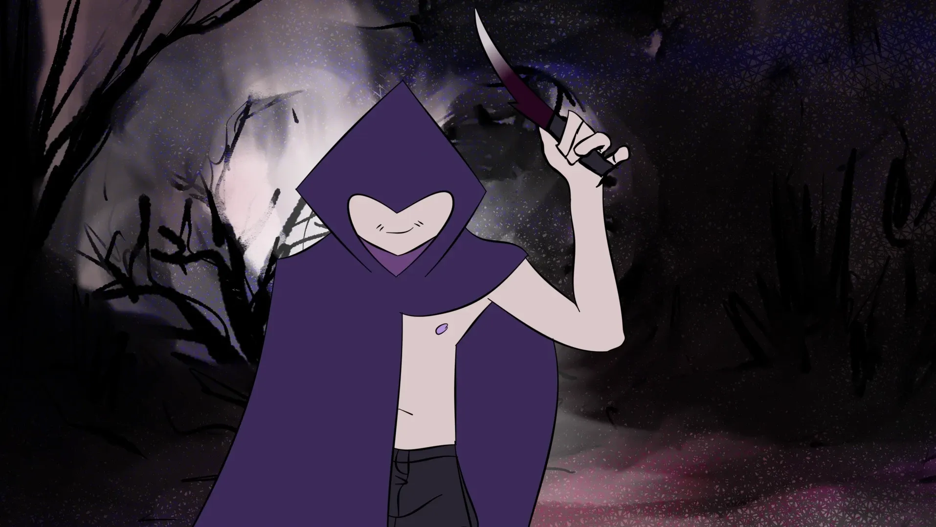 A cloaked man with a knife