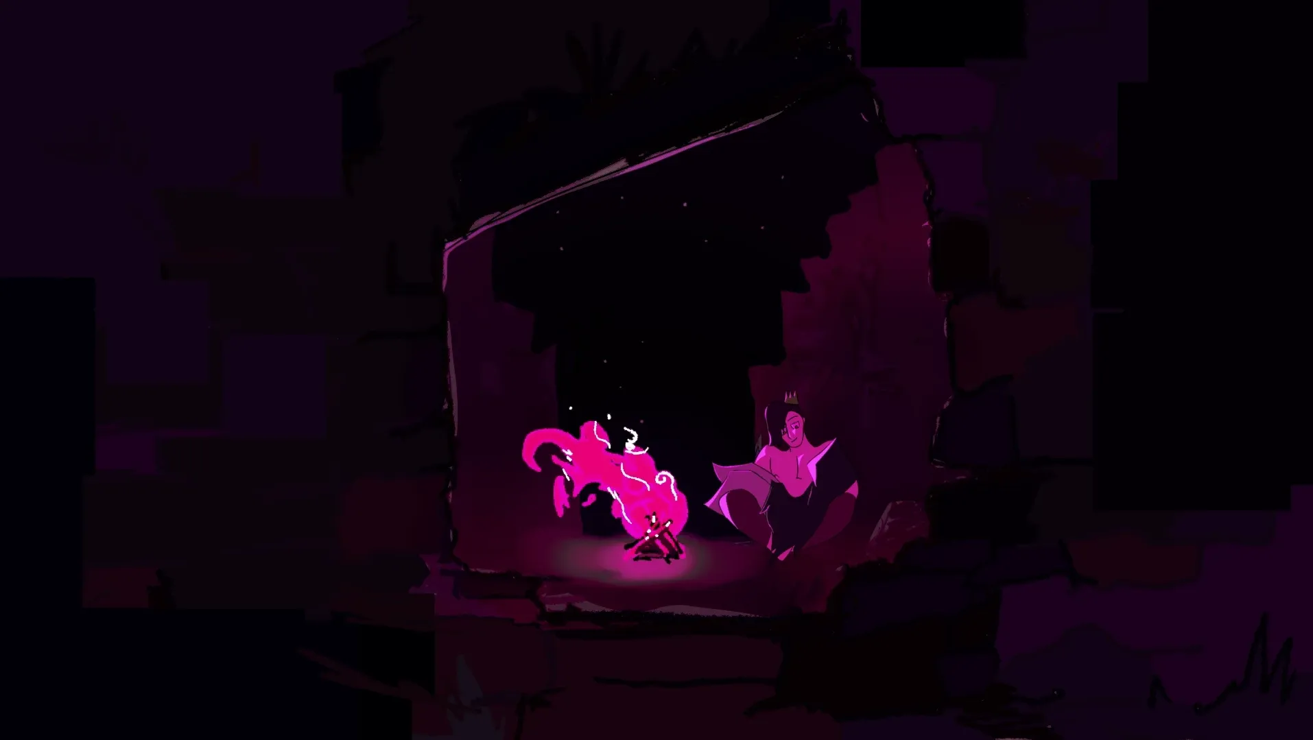 Romantic pink fire amongst ruins