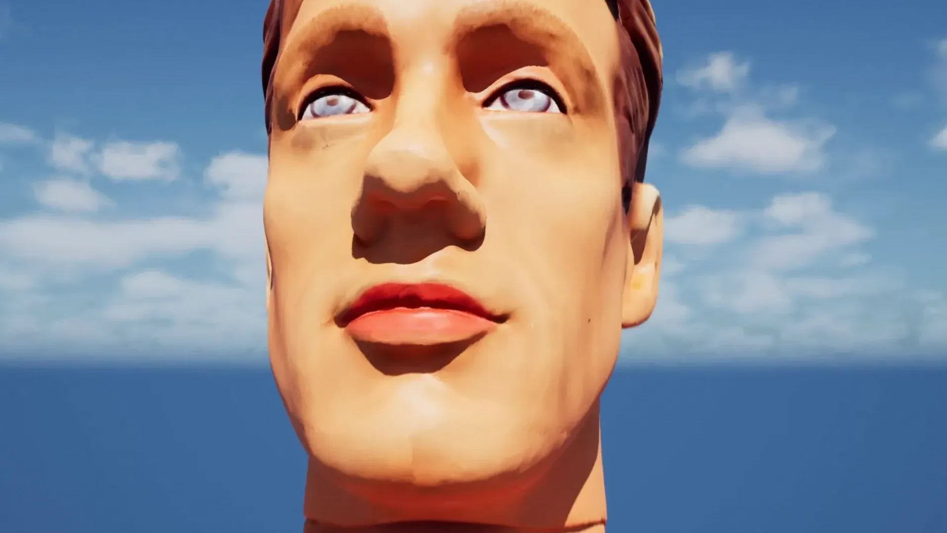 A 3d render of a face against a blue sky