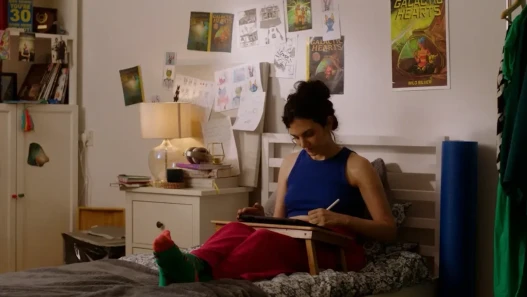British-Mexican woman sat on her bed with a tray on her drawing a comic.