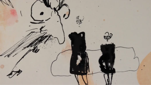 The two daughters of the late colonel are sat on a sofa while a spectre of their father's face yells angrily at them.