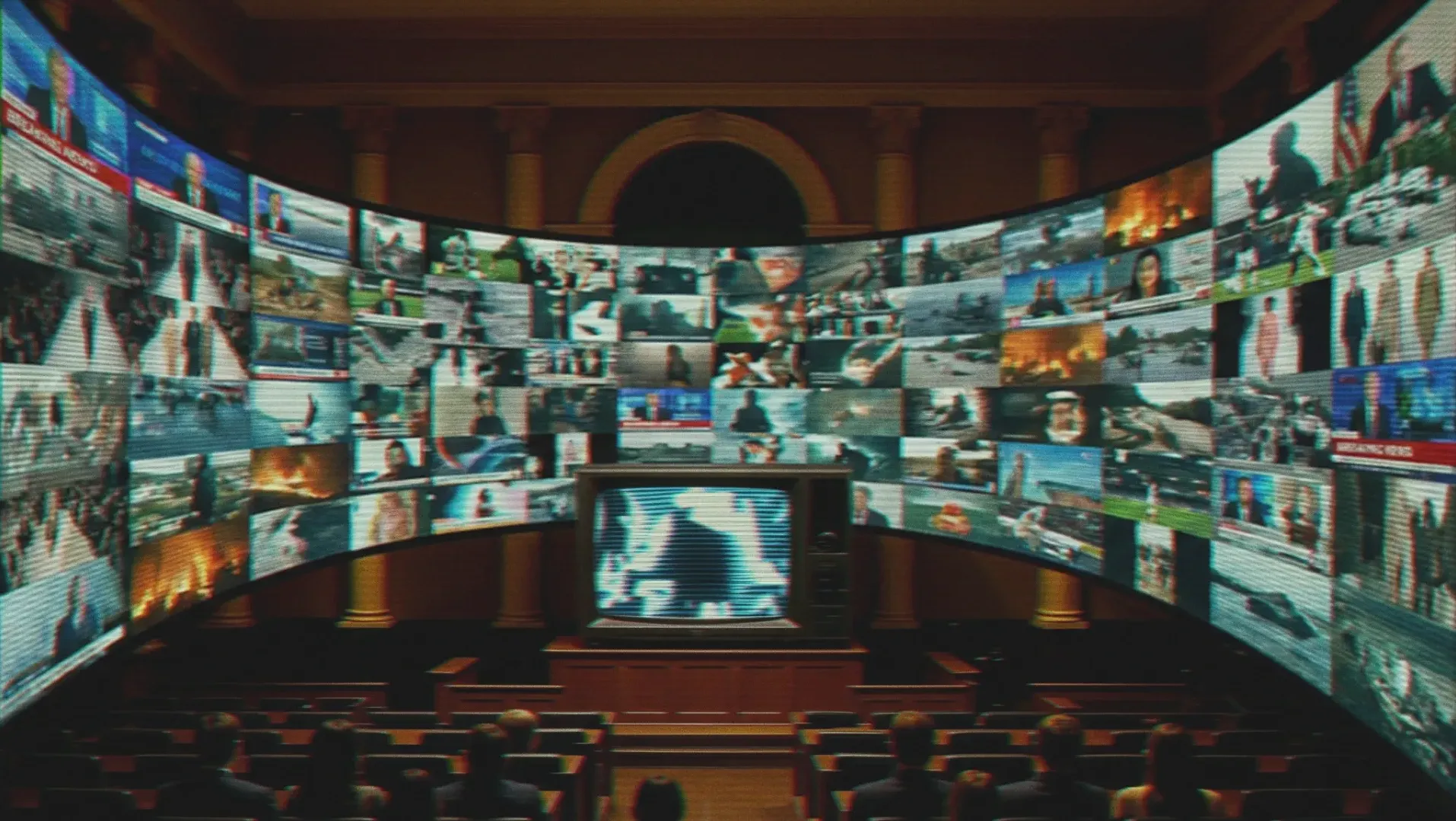 An Immersive Theatre / XR image of a courtroom with large television amongst a wraparound screen with scenes of humanity