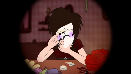 A victorian emo teenage girl with backcombed hair and painted face, leans forward towards the camera applying eyeliner with a burnt match