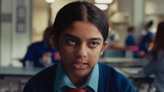 A young girl in school uniform sitting in the school canteen