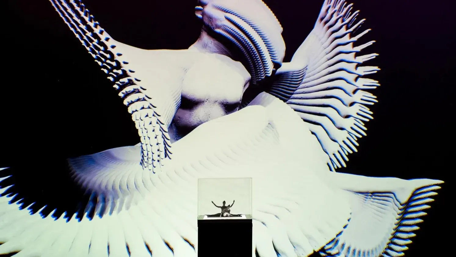 A 3d printed of a female duet displayed in a vitrine in front of a projection of a digital image of the split second of the duet captured in photogrametry