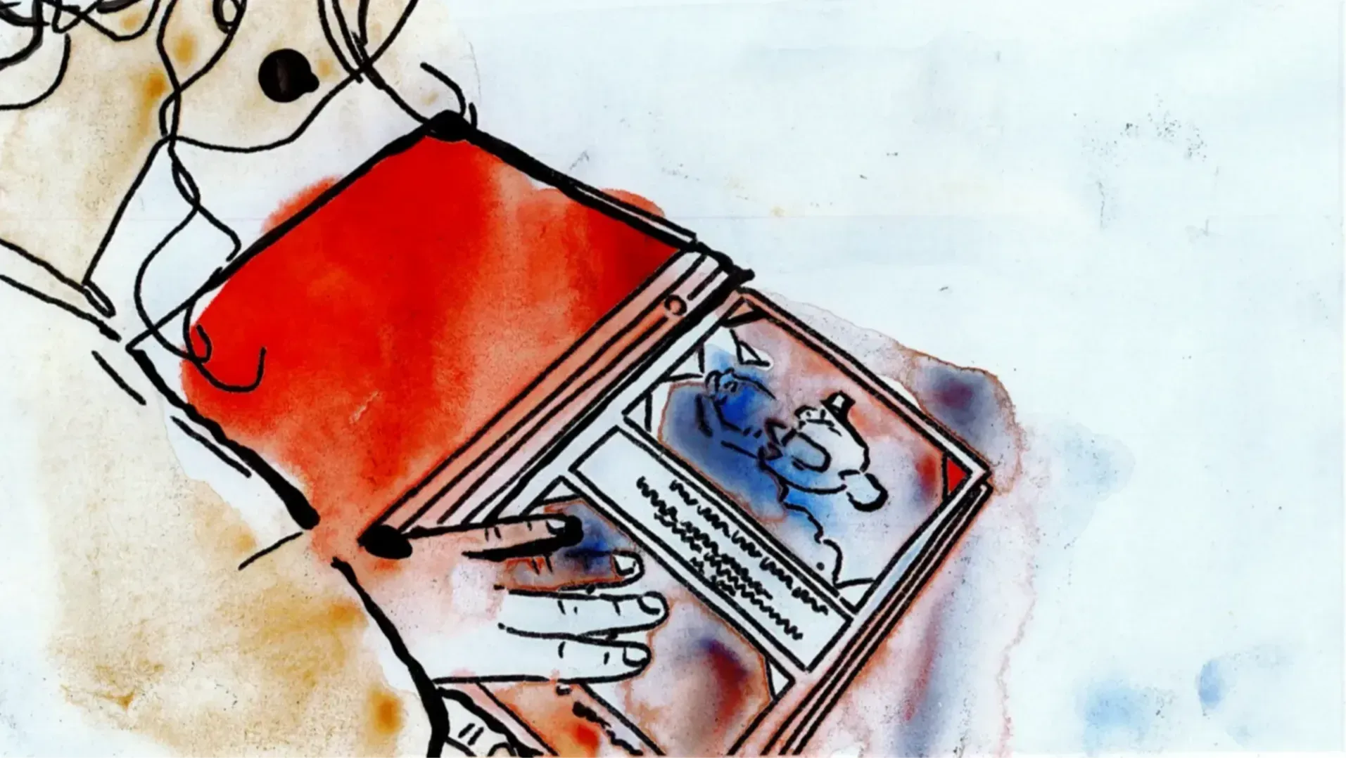 An watercolour animation still of director Cecile Fountain-Jardim flipping through a family photo album.