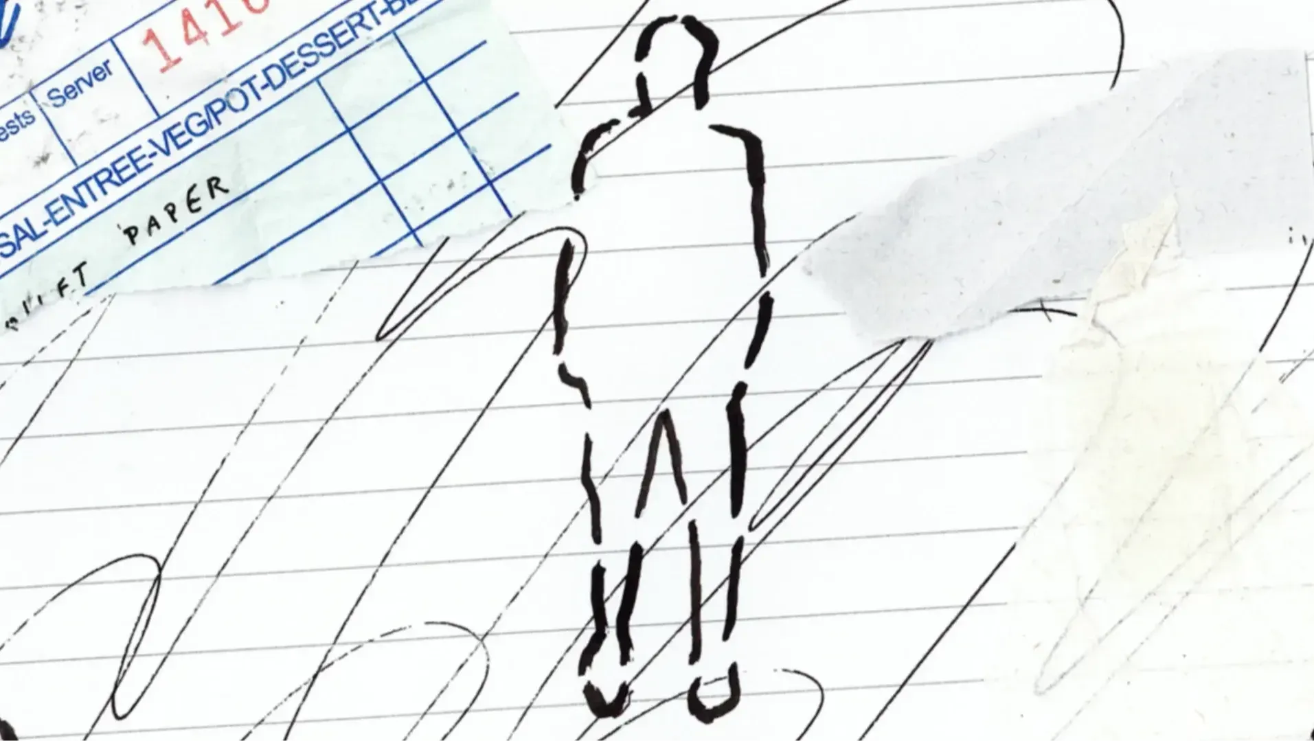 An animation still of a man's inked silhouette on lined paper.